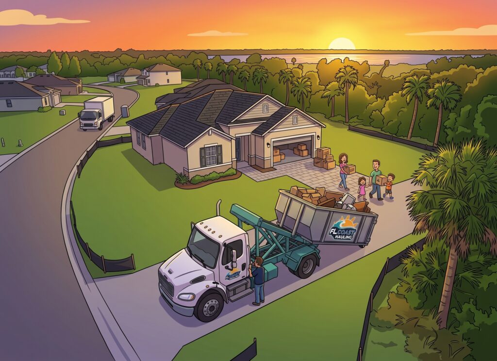 Illustrated scene of an FL Coast Hauling roll-off dumpster delivered to a Florida home for a decluttering project