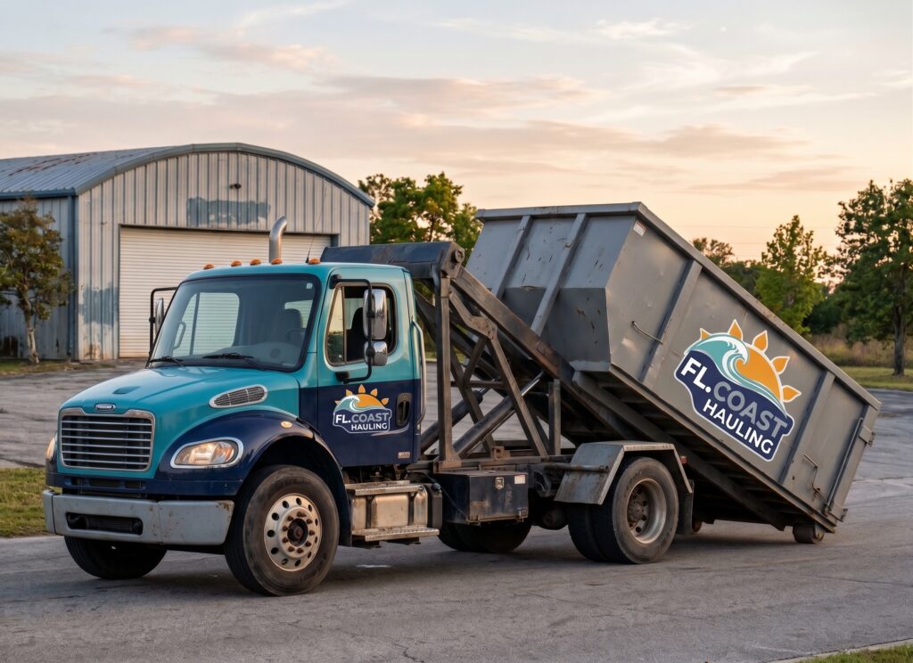 FL Coast Hauling roll-off dumpster truck parked at the company facility yard at dusk
