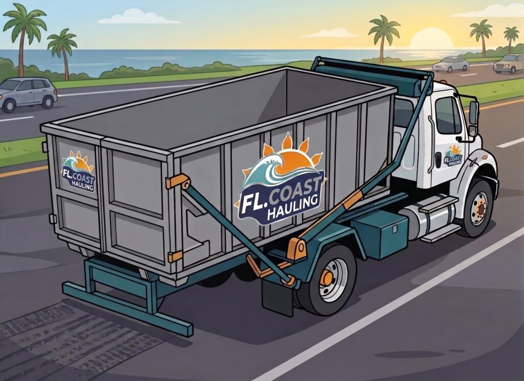 Illustrated FL Coast Hauling roll-off dumpster truck driving along a coastal Florida road