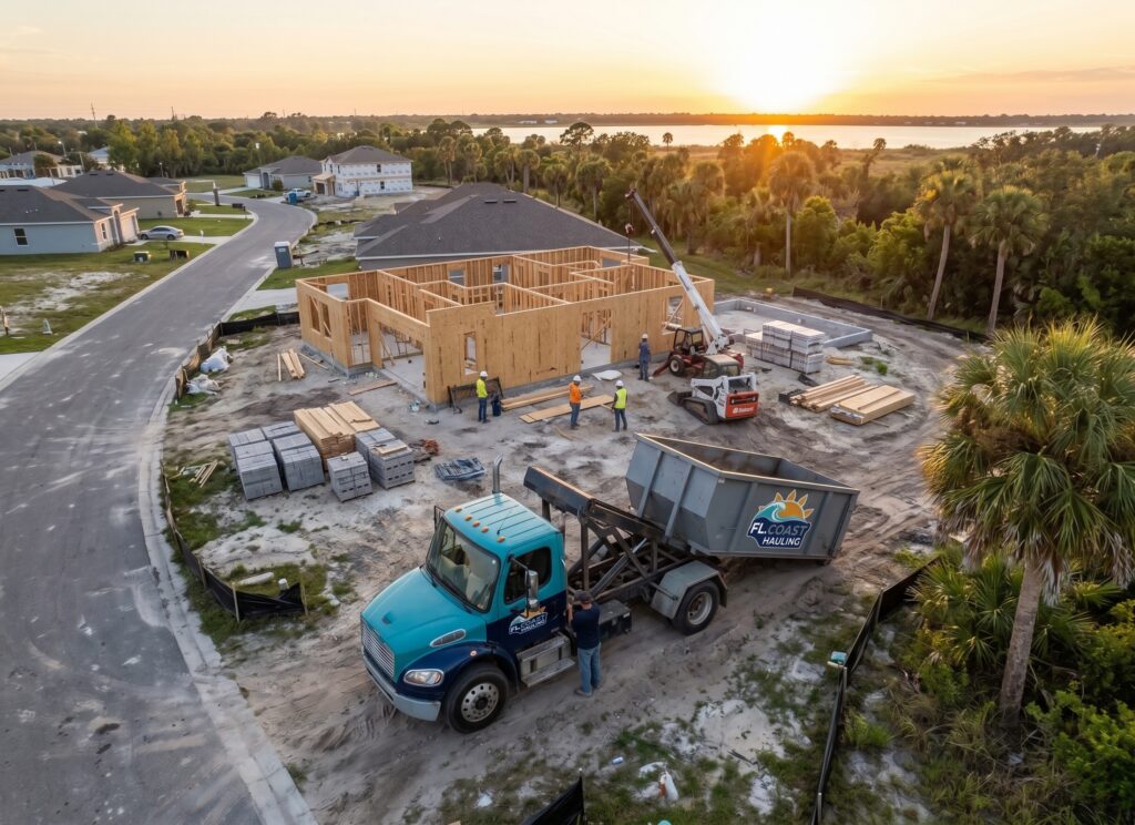 Aerial view of an FL Coast Hauling roll-off dumpster delivered to a new home construction site at sunset